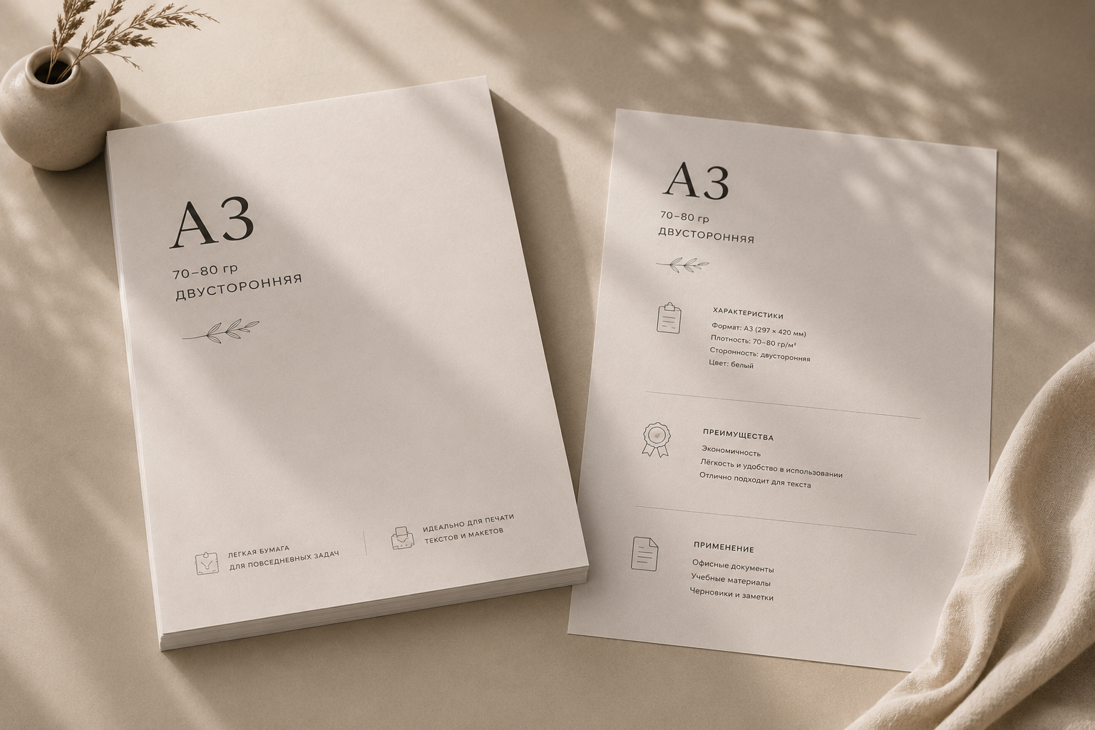 Черно-белая печать A3, 2 стороны, 70–80 г/м²