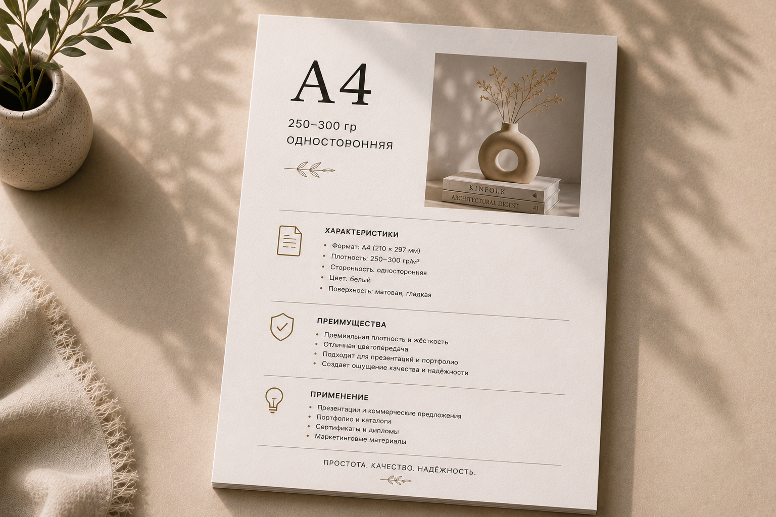 Цветная печать A4, 1 сторона, 250–300 г/м²